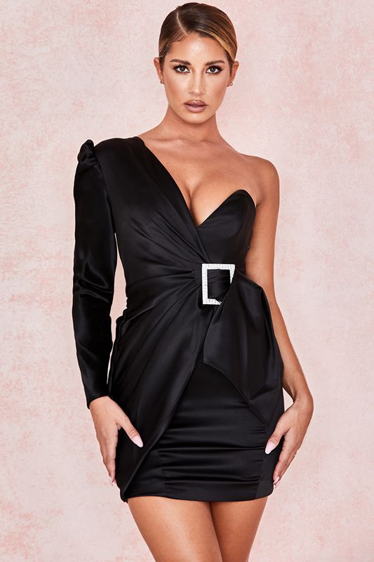 Black House Of Cb One Shoulder Draped Satin Dress | XTY-792138