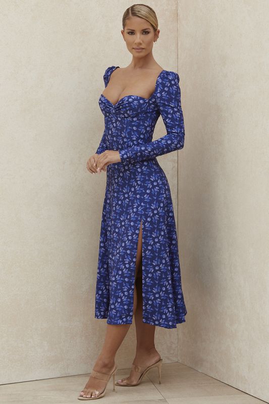 Blue House Of Cb Floral Puff Sleeve Midi Dress | TNS-190845