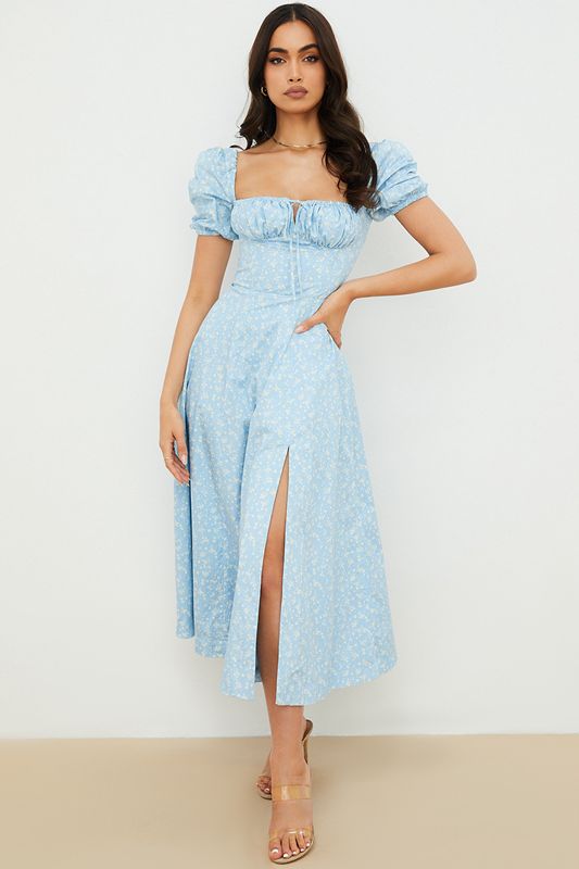 Blue House Of Cb Ivory Floral Puff Sleeve Midi Dress | HVA-059178