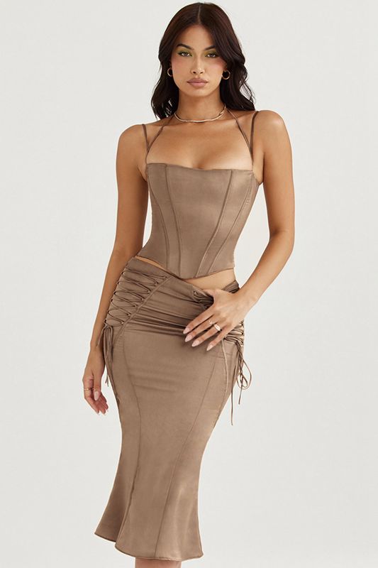 Brown House Of Cb Satin Lace Up Midi Skirts | VHW-845610