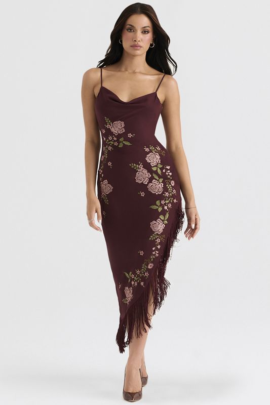 Burgundy House Of Cb Embroidered Midi Dress | XJF-924175