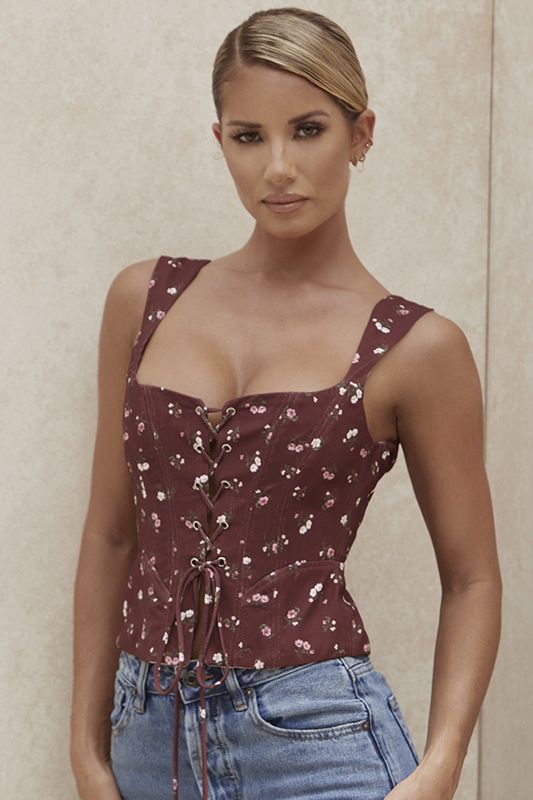 Burgundy House Of Cb Floral Lace Up Corset | RMQ-186340