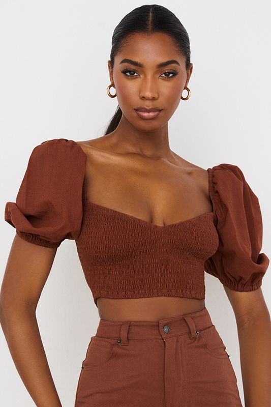 Burgundy House Of Cb Puff Sleeve Cropped Tops | KCD-206358