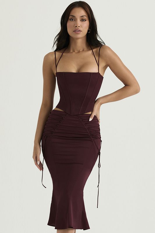 Burgundy House Of Cb Satin Lace Up Midi Skirts | CIV-714968