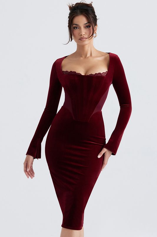 Burgundy House Of Cb Velvet Dress | VTW-743219