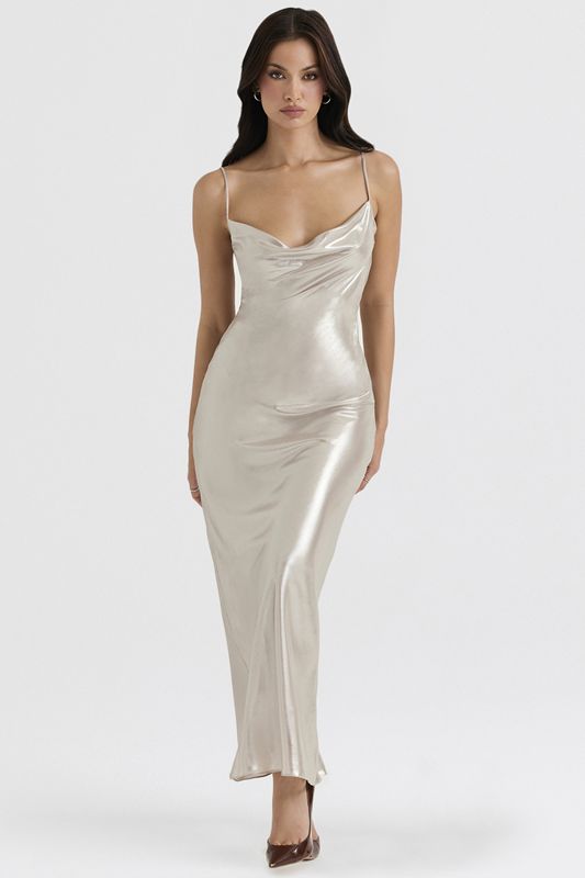 Cream House Of Cb Shimmer Low Back Maxi Dress | EHT-908675