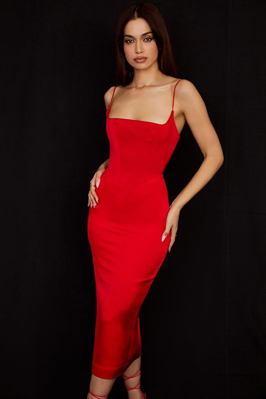 Deep Red House Of Cb Satin Midi Dress | WCG-503496