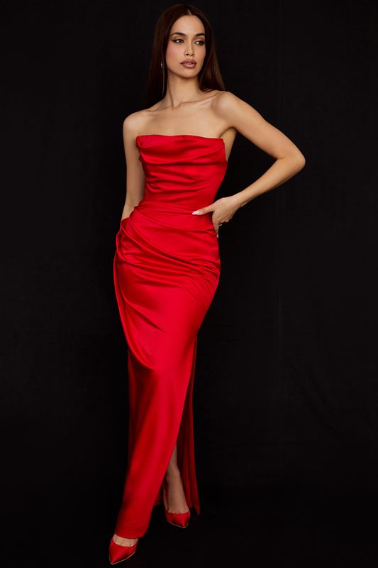 Deep Red House Of Cb Satin Strapless Gown Dress | AIE-730459