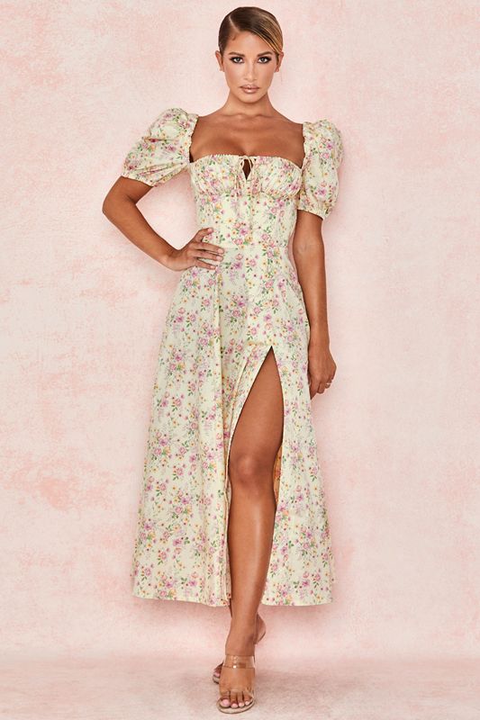 Lemon House Of Cb Floral Puff Sleeve Midi Dress | LFQ-319465