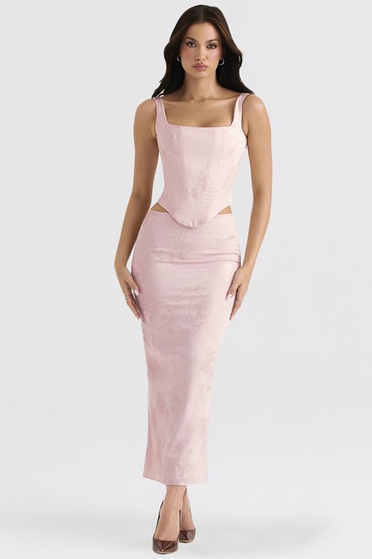 Pink House Of Cb Metallic Floral Satin Midi Skirts | ESR-576139