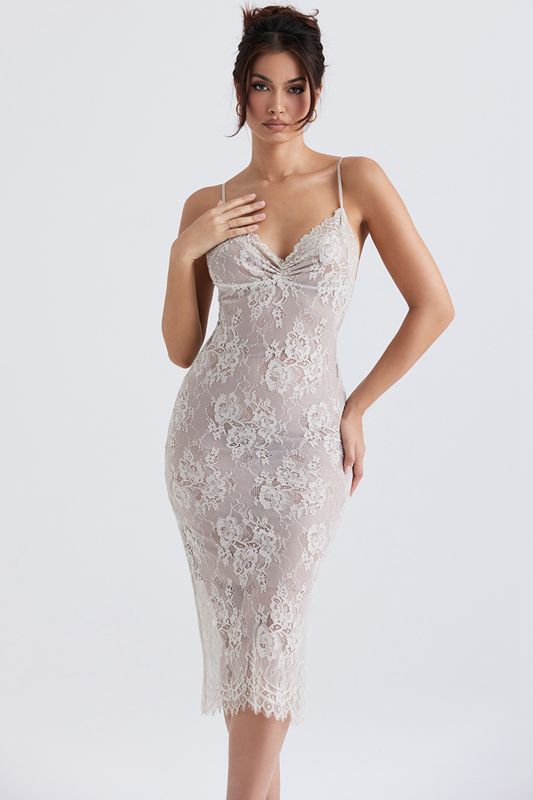 White House Of Cb Ivory Lace Midi Dress | XSQ-162705