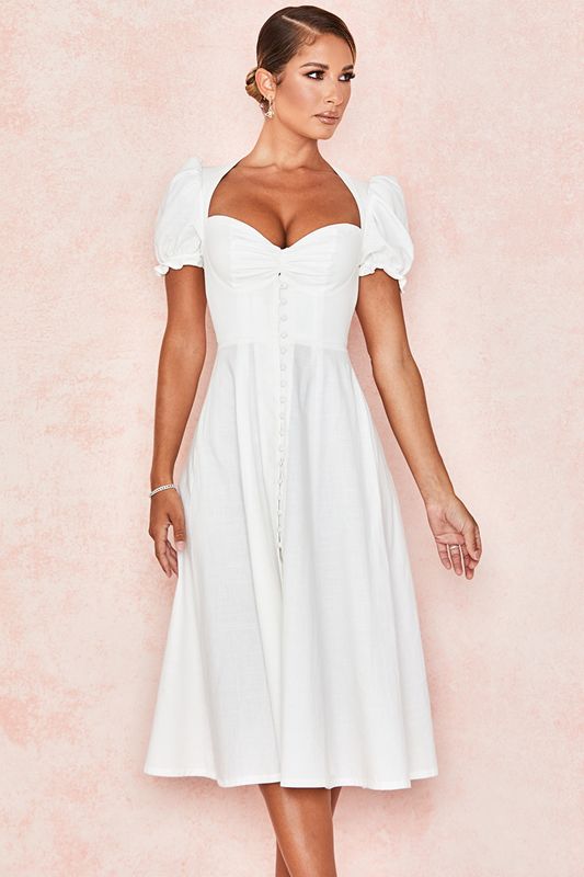 White House Of Cb Linen Blend Puff Sleeve Midi Dress | FRC-592340