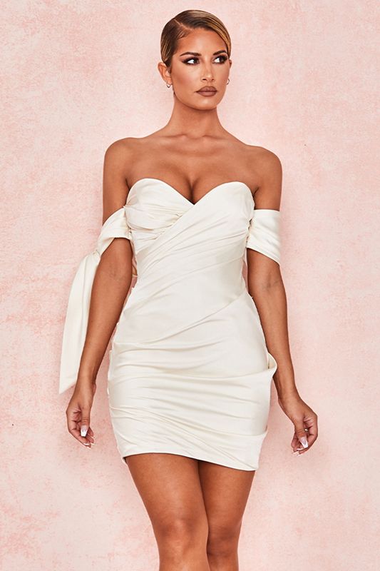 White House Of Cb Satin Off Shoulder Tie Dress | WPM-305814