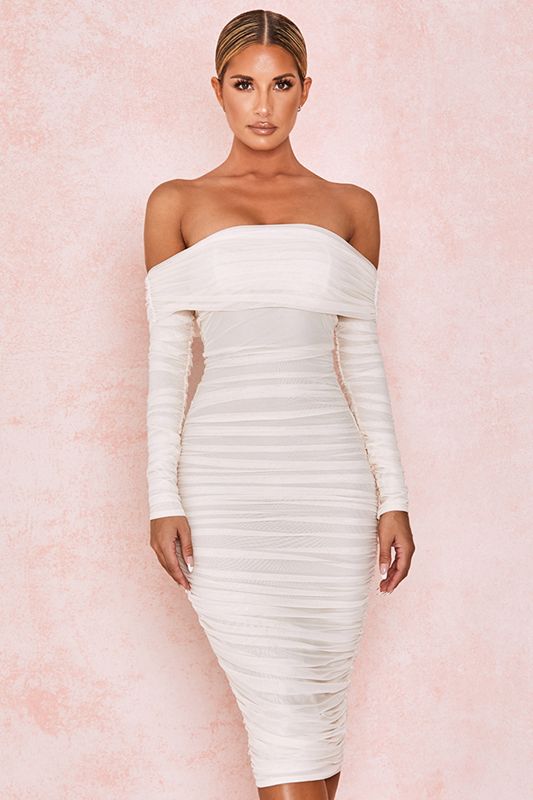 White House Of Cb Tulle Off Shoulder Ruched Dress | ULG-587912