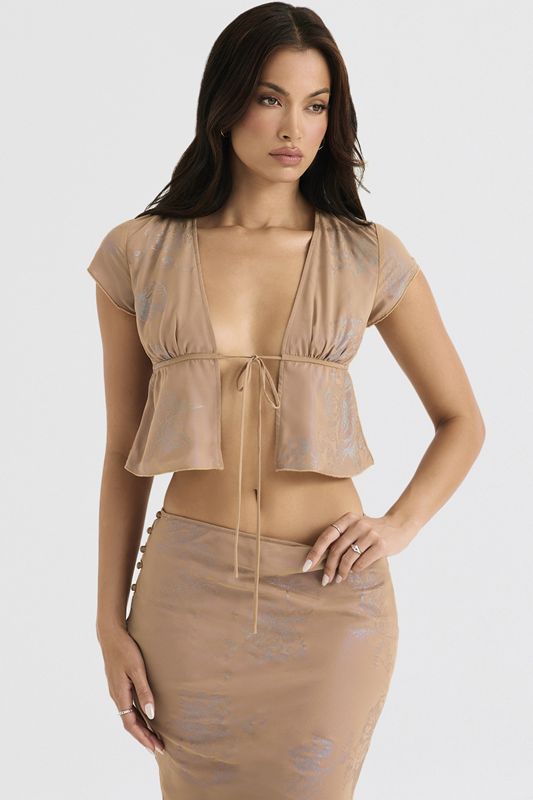 Beige House Of Cb Cafe Au Lait Tie Front Tops | VXI-816470