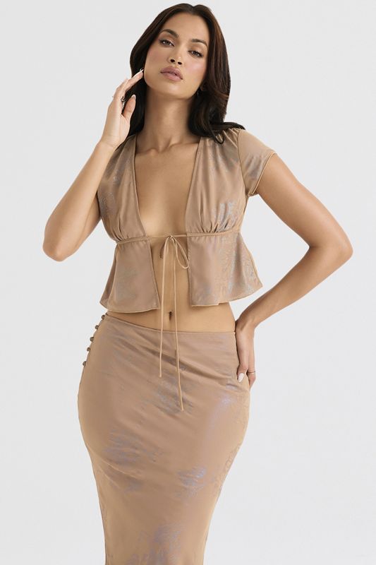 Beige House Of Cb Cafe Au Lait Tie Front Tops | VXI-816470