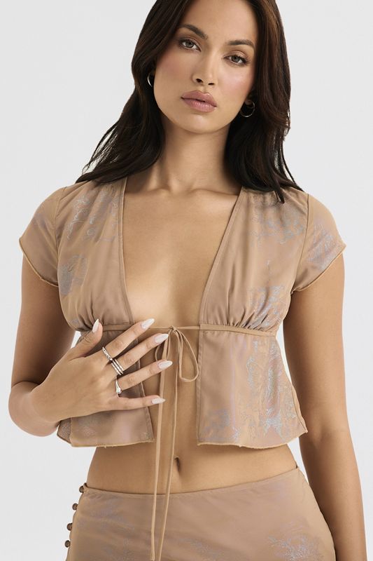 Beige House Of Cb Cafe Au Lait Tie Front Tops | VXI-816470