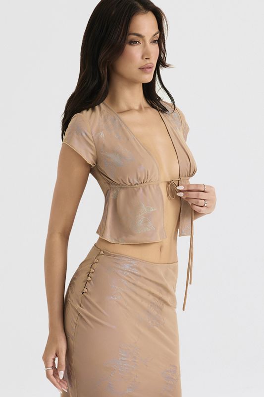 Beige House Of Cb Cafe Au Lait Tie Front Tops | VXI-816470