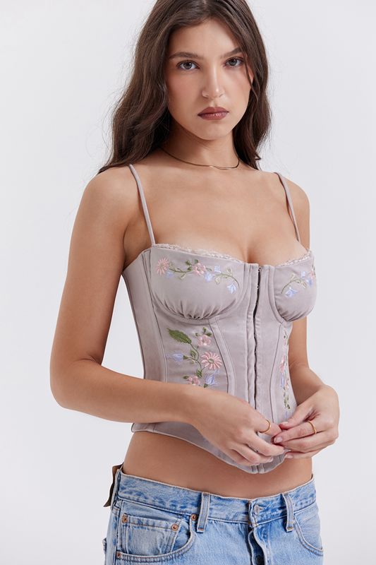 Beige House Of Cb Lavender Embroidered Corset | EXM-734602