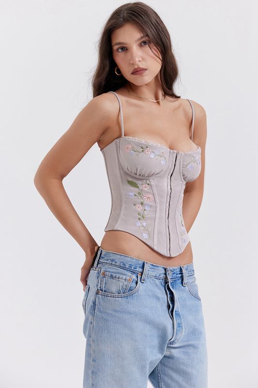 Beige House Of Cb Lavender Embroidered Corset | EXM-734602