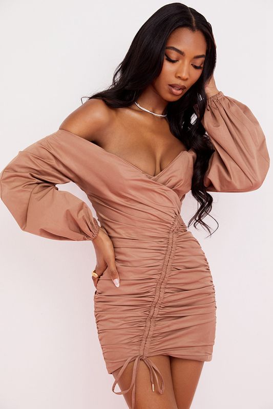 Beige House Of Cb Off Shoulder Mini Dress | CKE-503216