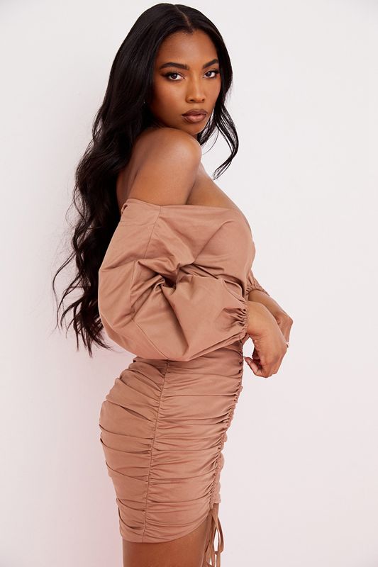 Beige House Of Cb Off Shoulder Mini Dress | CKE-503216