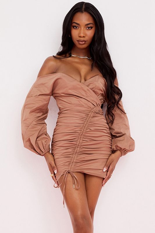 Beige House Of Cb Off Shoulder Mini Dress | CKE-503216