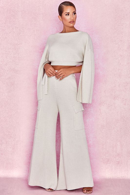 Beige House Of Cb Ribbed Knit Wide Leg Utilitys Pants | ODU-289075