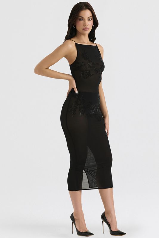 Black House Of Cb Mesh Crystal Embellished Midi Dress | BWG-791038