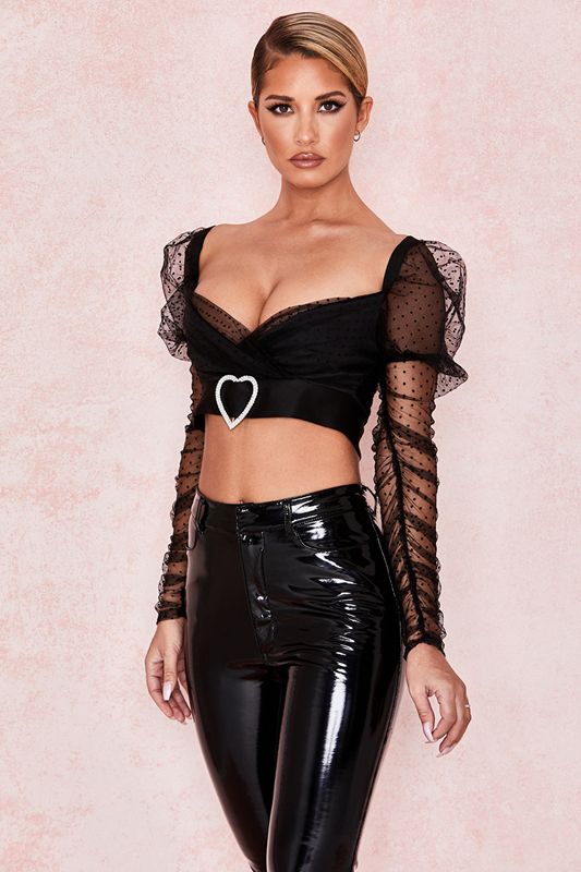 Black House Of Cb Mesh Heart Buckle Tops | KQT-423976