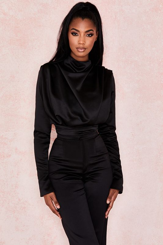 Black House Of Cb Satin Blouse Bodysuit | OKG-417360