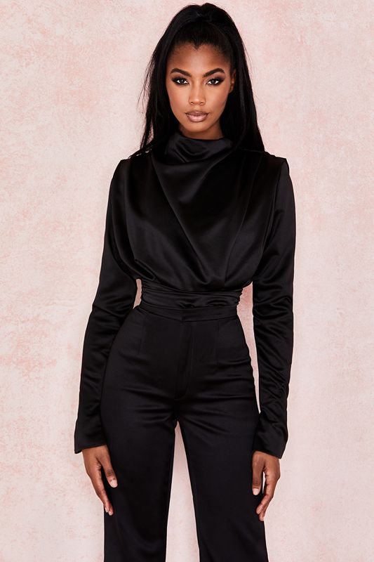 Black House Of Cb Satin Blouse Bodysuit | OKG-417360