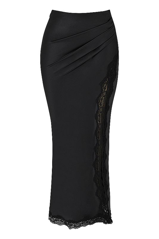 Black House Of Cb Satin Lace Trim Midi  Skirts | UNO-743865