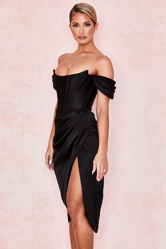 Black House Of Cb Satin Off Shoulder Dress | SUB-342789