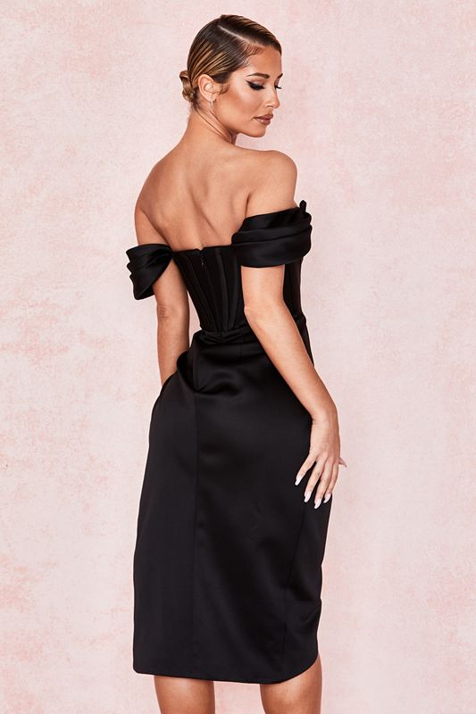 Black House Of Cb Satin Off Shoulder Dress | SUB-342789