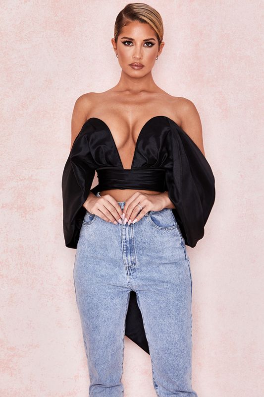 Black House Of Cb Satin Plunge Off Shoulder Bustier Tops | AGP-483075