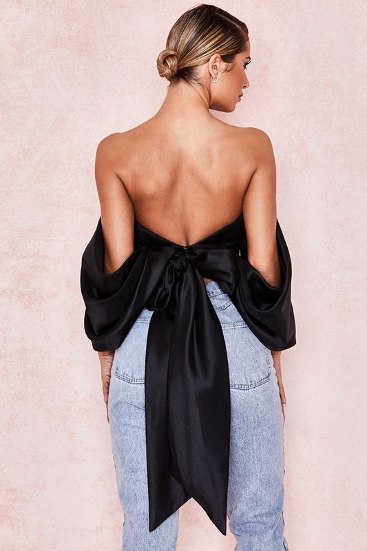 Black House Of Cb Satin Plunge Off Shoulder Bustier Tops | AGP-483075