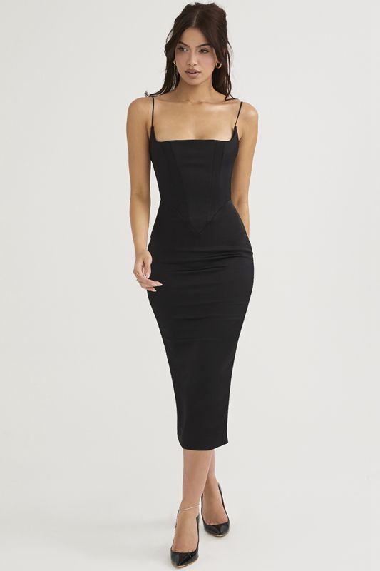 Black House Of Cb Satin Pointed Midi Dress | DGP-732851