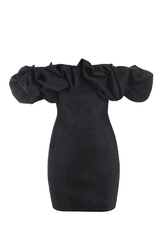 Black House Of Cb Satin Puff Shoulder Dress | DVF-310289