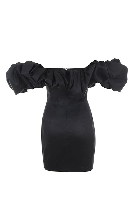 Black House Of Cb Satin Puff Shoulder Dress | DVF-310289