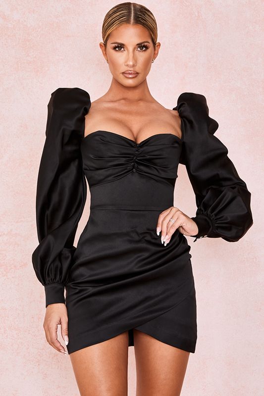 Black House Of Cb Satin Puff Sleeve Dress | RAQ-174628