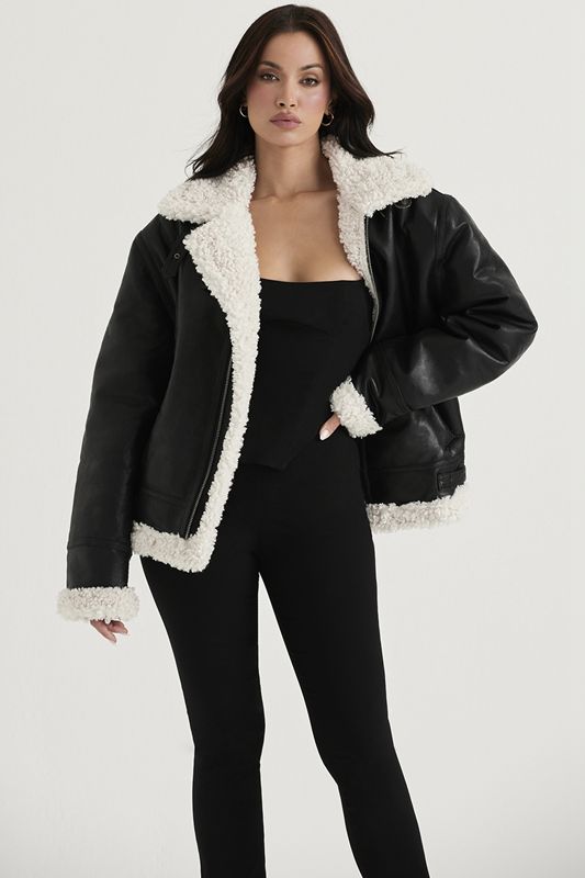 Black House Of Cb Vegan Shearling Aviator Jacket | RSE-391650