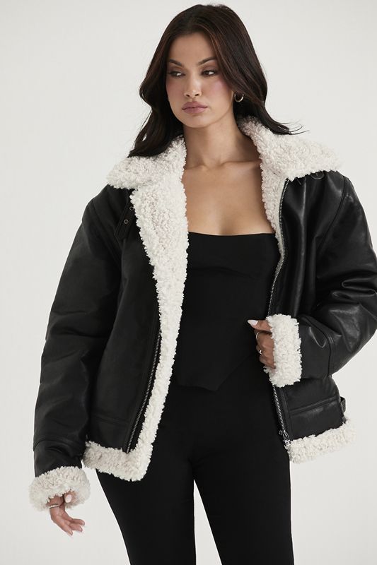 Black House Of Cb Vegan Shearling Aviator Jacket | RSE-391650