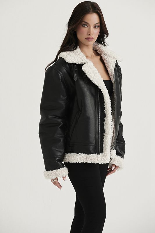 Black House Of Cb Vegan Shearling Aviator Jacket | RSE-391650