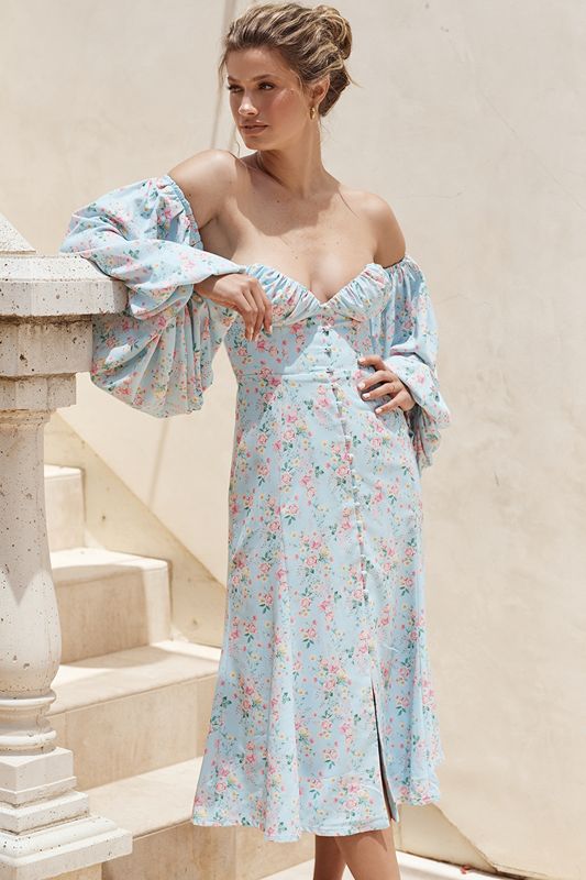 Blue House Of Cb Floral Bardot Midi Dress | RZF-965840