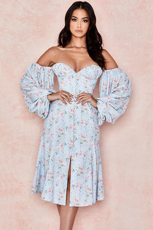 Blue House Of Cb Floral Bardot Midi Dress | RZF-965840