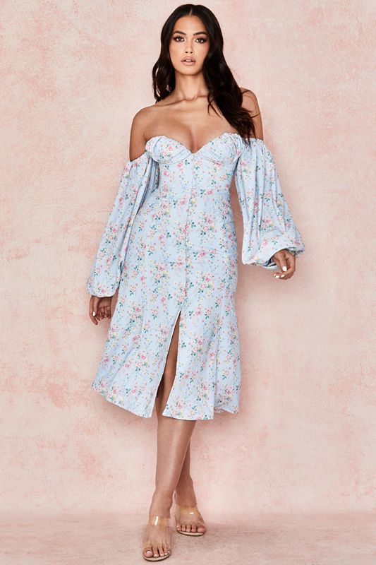 Blue House Of Cb Floral Bardot Midi Dress | RZF-965840