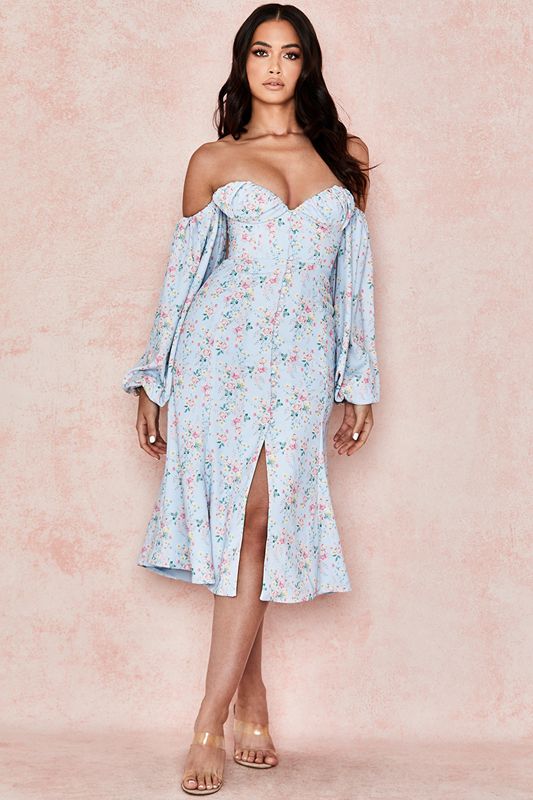 Blue House Of Cb Floral Bardot Midi Dress | RZF-965840