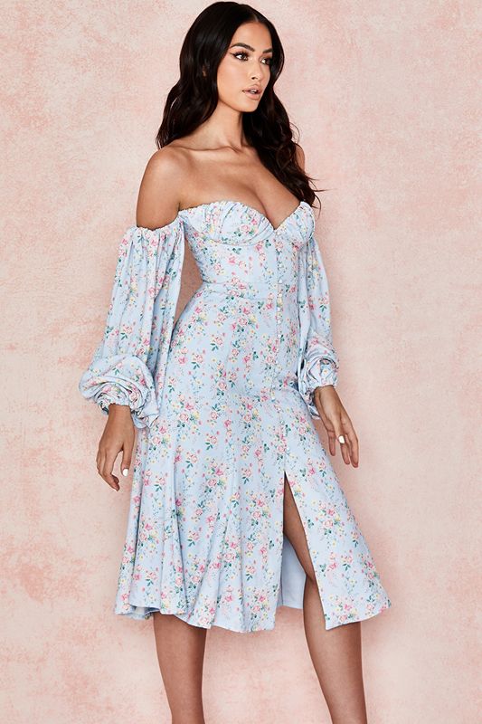 Blue House Of Cb Floral Bardot Midi Dress | RZF-965840