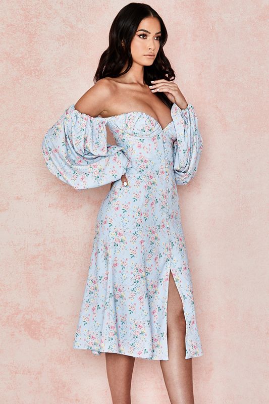 Blue House Of Cb Floral Bardot Midi Dress | RZF-965840